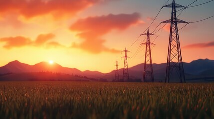 Obraz premium Solar farm with highvoltage transmission towers in the background, renewable energy generation, sustainable grid integration
