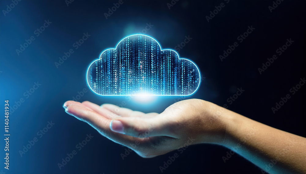 Poster conceptual hand holding glowing cloud filled with binary code streams, symbolizing digital technolog