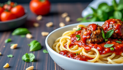 Vegan Quinoa Meatballs - Quinoa-based meatballs served with marinara sauce over pasta. background copyspace