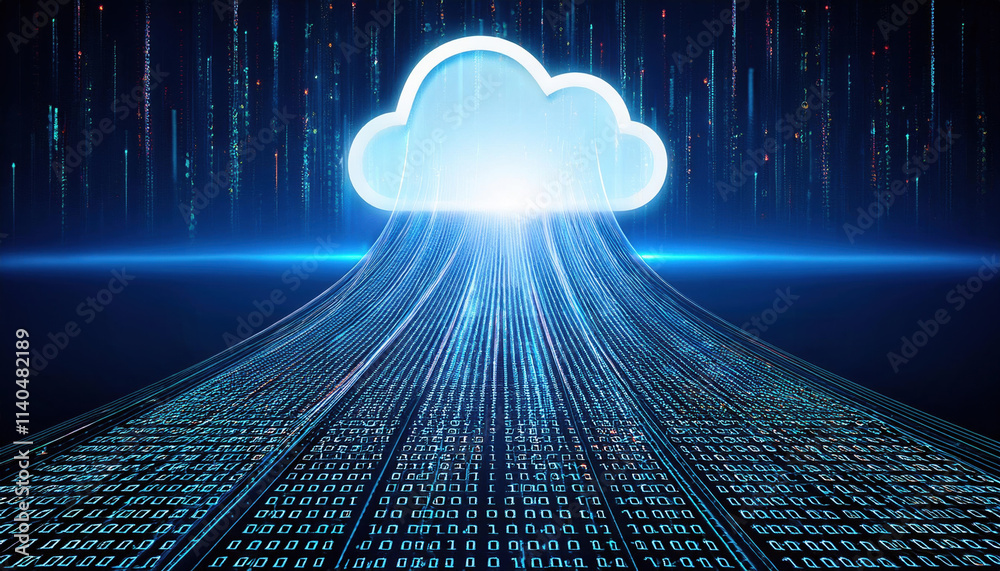 Poster digital cloud emitting streams of binary code, symbolizing data flow and connectivity in futuristic 