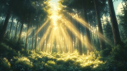 Sunlight streaming through a lush green forest.