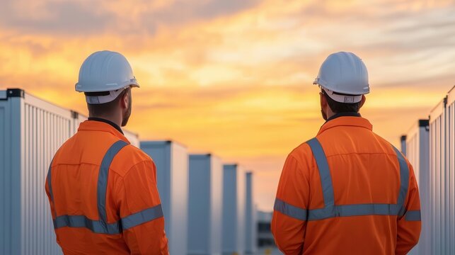 Workers installing highcapacity batteries at a renewable energy transmission hub, energy storage solutions, reliable power grid