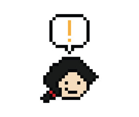 Naklejka premium Cute pixel cartoon character woman lady notice with exclamation mark decoration 8 bit female girl surprise idea exclamation alert cartoon pixel game 8bit png vector.