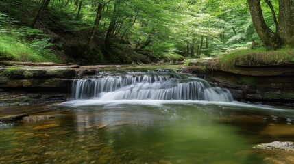 Obraz premium A serene forest scene featuring a gentle waterfall flowing into a tranquil stream.