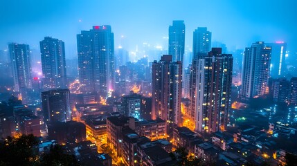 Obraz premium Aerial view of a city skyline at night shrouded in mist with glowing lights.