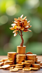 Abstract Profit Growth Concept - A tree made of golden coins growing upward symbolizing financial growth. background copyspace