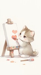 Fototapeta premium A cute kitten paints hearts on a canvas, showcasing creativity and charm in a whimsical, artistic setting.