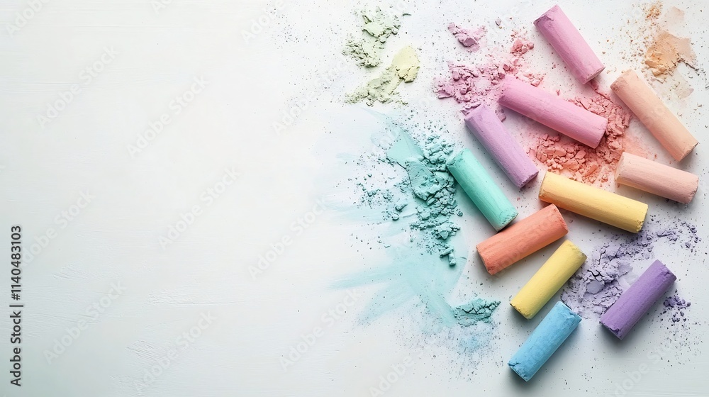 Poster a collection of soft pastel chalk sticks scattered on a white background with faint colorful marks a