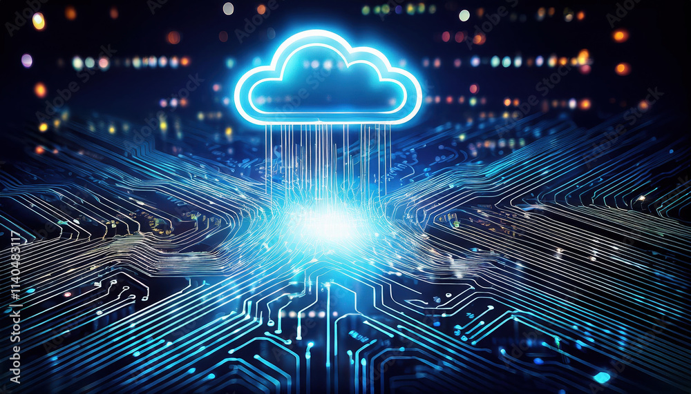Poster glowing cloud icon above circuit board with streams of binary code represents digital technology and