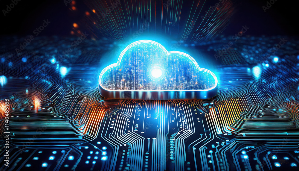 Poster glowing cloud icon on circuit board, illuminated by streams of binary code, symbolizes digital conne