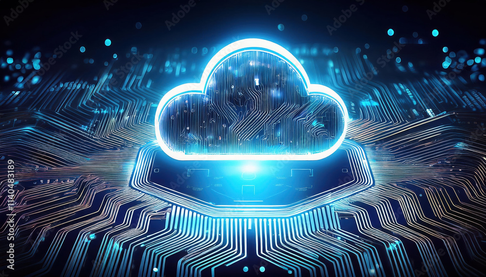 Aufkleber glowing cloud icon on circuit board, illuminated by streams of binary code, symbolizes digital techn