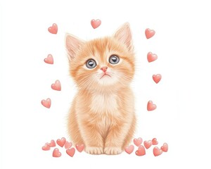 A cute orange kitten sits surrounded by pink hearts, exuding a sense of love and affection.