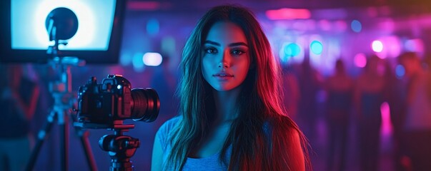 Young woman vlogging at a nightclub, camera on tripod.