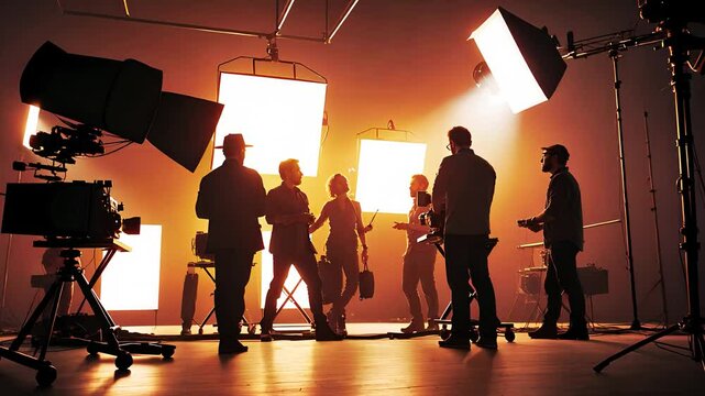 Professional Film Crew on Set with Bright Studio Lights and Camera Equipment During Video Production

