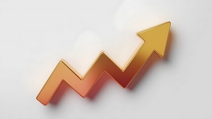 3D Render of a Glossy Golden Gradient Zigzag Upward Arrow Symbolizing Growth and Progress Isolated on White Background
