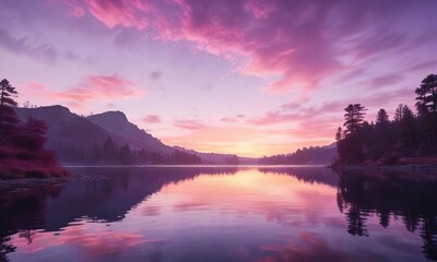 Fototapeta premium Abstract photography of a serene lake at sunset with pink to purple hues, atmosphere, serene, lake