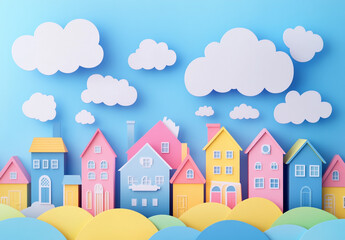 Fototapeta premium A colorful cityscape with many buildings and a cloudy sky. The buildings are all different colors, and the sky is filled with clouds. Papercut style. 