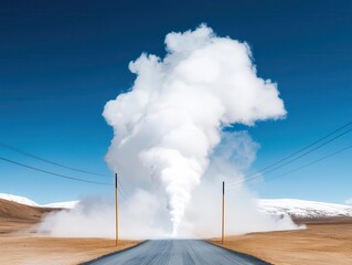 Obraz premium Power lines extending from a geothermal plant through a volcanic landscape, renewable heat energy, sustainable transmission