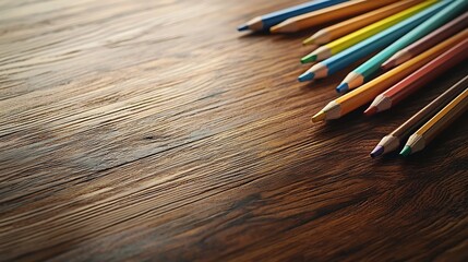 Obraz premium A scene showcasing a collection of vibrant colored pencils and a partially completed color sketch artfully arranged on a smooth natural wooden surface depicting a creative and workspace