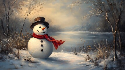 Fototapeta premium Snowman with Red Scarf and Button Eyes in Winter Landscape