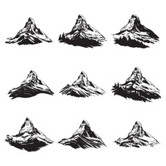 Black and white hand drawn mountain peak illustration set, Mountains landscape silhouette, Rocky peaks vector icon