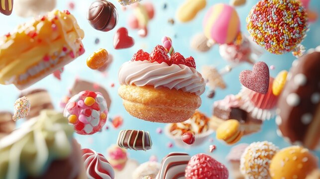 lots of different sweet buns, cakes, candies flying around Ultra photorealistic, RTX. HD 8k