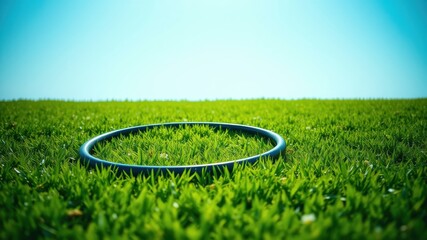 A dark ring rests gently in a vibrant green field under a bright blue sky.