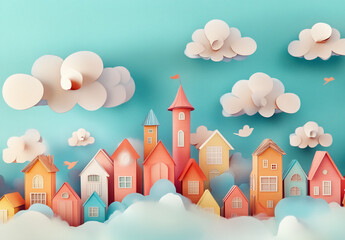 A colorful cityscape with many buildings and a cloudy sky. The buildings are all different colors, and the sky is filled with clouds. Papercut style. 
