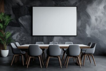 A large white wall with a black background and a large empty white screen