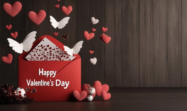 A red envelope with hearts and wings on it is on a wooden table