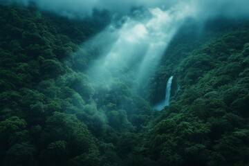 Obraz premium A lush green forest with a waterfall in the background