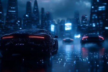 A car is driving down a wet road in a city at night