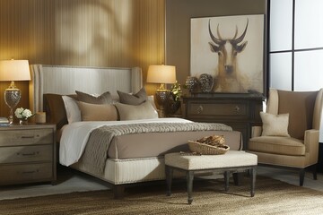 Elegant bedroom design featuring neutral tones and stylish decor in a modern interior space