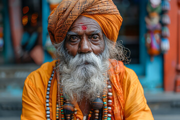 Man wearing headphones and a yellow face paint. He is wearing a yellow robe. He is sitting in a room