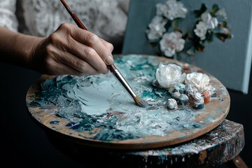 Fototapeta premium A woman is painting a picture with a brush on a wooden board