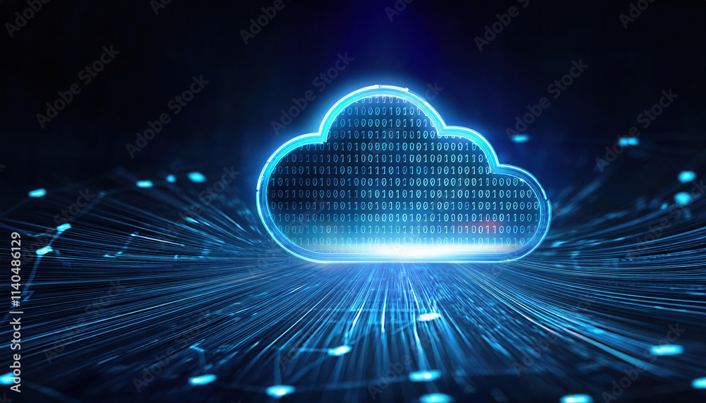Poster glowing cloud shaped hologram with swirling binary code, representing digital data and connectivity 