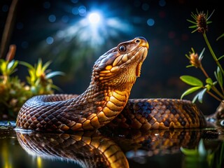 Fototapeta premium Low Light Cottonmouth Snake Photography - Nighttime Reptile Images, Venomous Snake Pictures, Wildlife Nocturnal Photography, Herpetology Images