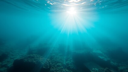 Fototapeta premium Underwater Sunlight Illuminates Ocean Floor Rocks