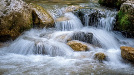 Obraz premium A serene stream flows over smooth rocks, creating a peaceful natural scene.