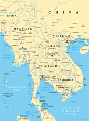 Obraz premium Northern part of Mainland Southeast Asia, transport political map. Countries Thailand, Vietnam, Myanmar, Laos, and Cambodia, with the most important waterways on rivers, and with the largest cities.