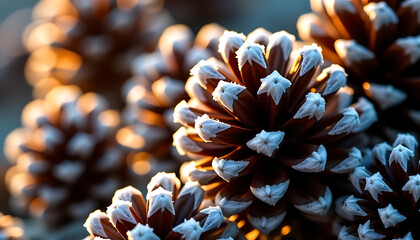 Close-Up of Frozen Pinecones in Golden Light - Simple yet striking. background copyspace