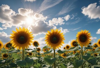 Fototapeta premium The sunflower blooms in a bright yellow and orange hue against a clear blue sky with white puffy clouds, cloud, sky