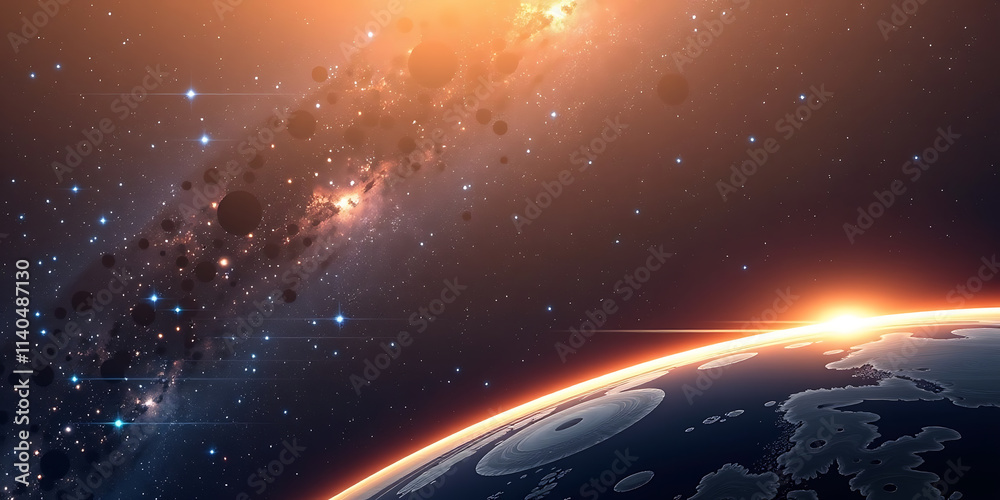 Wall mural space horizon - the glowing edge of a planet rising against a galactic background. backdrop backgrou