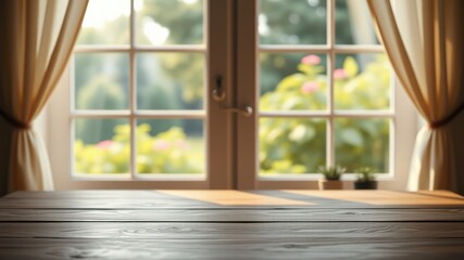 Sunlit Wooden Table Beside a Window with Drapes and a Garden View