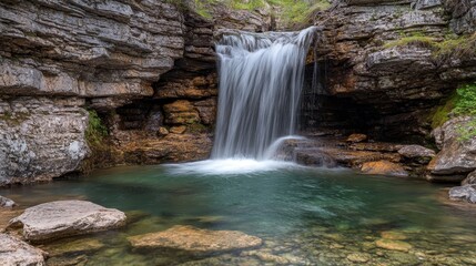 Obraz premium A serene waterfall cascades into a tranquil pool surrounded by rocky cliffs and greenery.