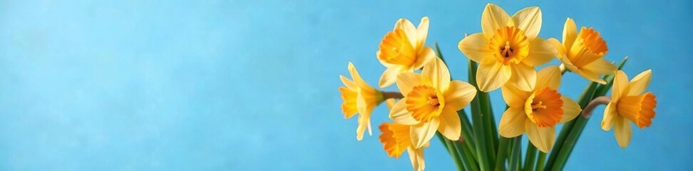 Fototapeta premium A stunning arrangement of narcissi in a vase against the clear blue sky, colorful, bouquet, flowers