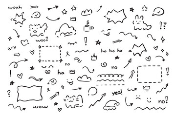 Hand drawn set of simple decorative elements. Various icons such as hearts, stars, speech bubbles, arrows, lines isolated on white background.