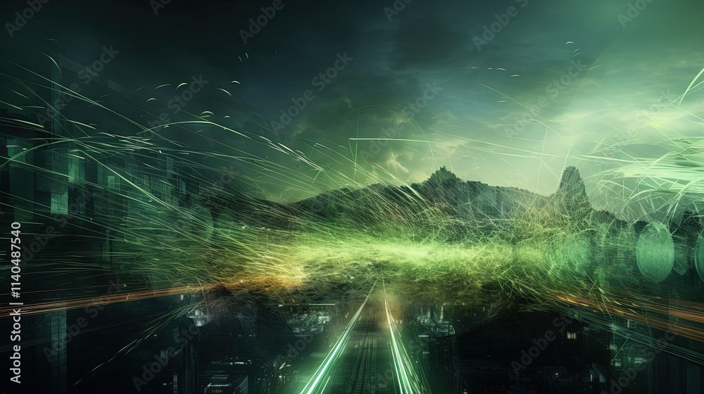 Poster Abstract light streaks in a dynamic digital space with glowing green elements