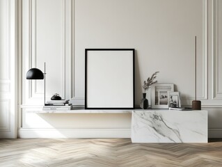 Interior with blank frame on marble shelf.
