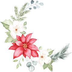 Watercolor Winter Wreath with Poinsettia Flower and Greenery